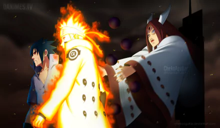 A dramatic HD wallpaper featuring Kaguya Ōtsutsuki confronting Naruto Uzumaki and Sasuke Uchiha, capturing a pivotal moment from the Naruto anime series.