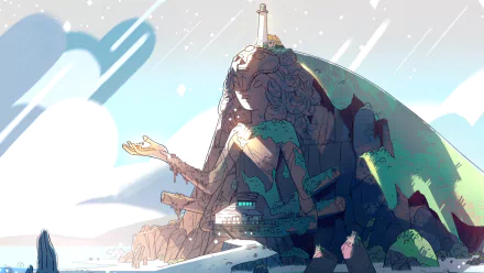 A stunning HD desktop wallpaper featuring a scene from the TV show Steven Universe, showcasing a giant serene figure emerging from a vibrant landscape.