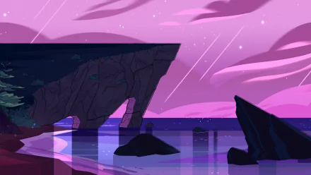 A serene HD wallpaper from the TV show Steven Universe, showcasing a tranquil landscape with rocky formations and a vibrant purple sky reflecting on calm waters.