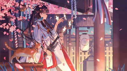 An anime-inspired HD wallpaper featuring an original character in traditional attire with a cat, surrounded by cherry blossoms and lanterns, creating a serene and detailed background scene.