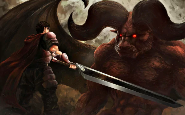 A striking HD wallpaper featuring Guts confronting Nosferatu Zodd from the anime Berserk, set against a dramatic, moonlit background.