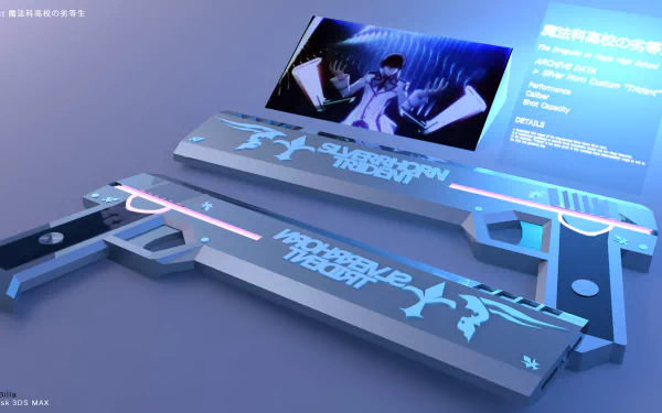 HD desktop wallpaper featuring Tatsuya Shiba from the anime The Irregular at Magic High School, showcasing futuristic weapons and a vibrant digital display.