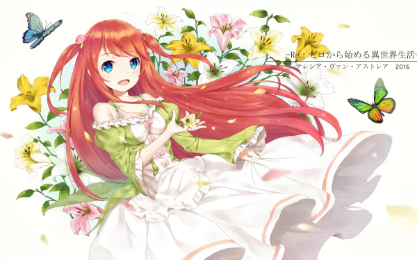 Theresia van Astrea from *Re:Zero - Starting Life in Another World* is depicted in a vibrant garden, surrounded by flowers and butterflies, with flowing red hair and a cheerful expression.