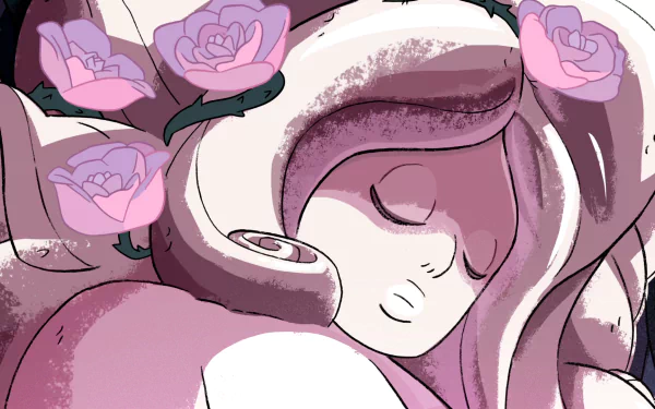 A serene image of Rose Quartz from the TV show *Steven Universe*, featuring her closed eyes and flowing hair adorned with pink roses, designed as a striking HD desktop wallpaper.