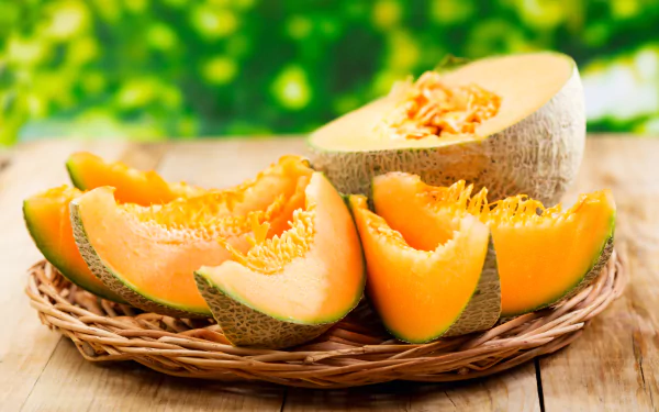 Juicy slices of melon are beautifully arranged on a woven basket, set against a vibrant green background, capturing the essence of fresh fruit in this 4K Ultra HD desktop wallpaper.