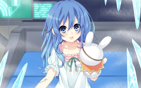 HD desktop wallpaper featuring Yoshino from the anime Date A Live. She is wearing her signature attire and holding a puppet, surrounded by ice crystals.