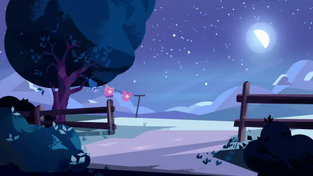 A serene night scene from the TV show Steven Universe, featuring a moonlit landscape with a tree, fence, and starry sky. This HD desktop wallpaper offers a peaceful background.