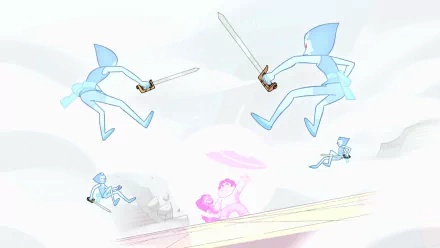 HD desktop wallpaper featuring Pearl, Connie Maheswaran, and Steven from Steven Universe in an ethereal, action-packed scene with swords.