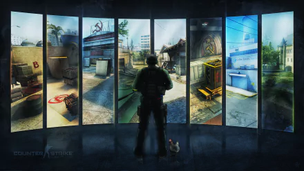 HD desktop wallpaper of Counter-Strike: Global Offensive featuring a player character viewing various in-game environments across multiple screens, with a chicken nearby.