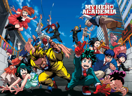 Vibrant HD desktop wallpaper featuring characters from My Hero Academia in action poses. A dynamic and colorful scene that captures the essence of the anime.