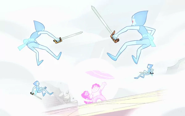 HD desktop wallpaper featuring Pearl, Connie Maheswaran, and Steven from Steven Universe in an ethereal, action-packed scene with swords.