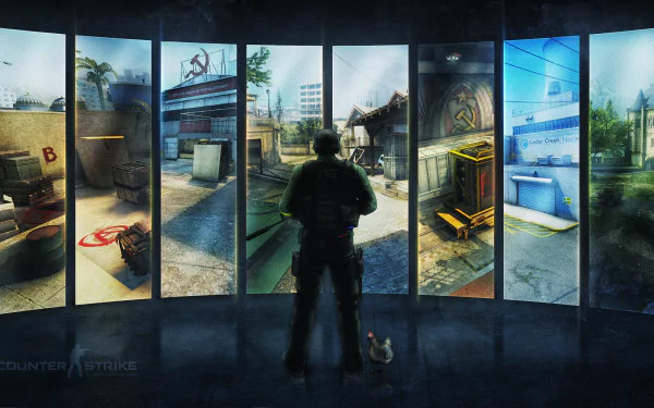 HD desktop wallpaper of Counter-Strike: Global Offensive featuring a player character viewing various in-game environments across multiple screens, with a chicken nearby.