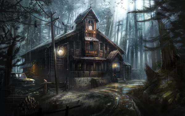 A haunted house nestled deep in a dark, misty forest, portrayed with artistic detail as an HD PC desktop wallpaper and background.
