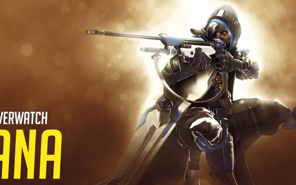Ana (Overwatch) aims her sniper rifle amid golden light — video game artwork from Overwatch rendered as a 4K Ultra HD PC desktop wallpaper and background.