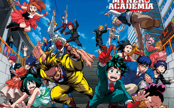 Vibrant HD desktop wallpaper featuring characters from My Hero Academia in action poses. A dynamic and colorful scene that captures the essence of the anime.