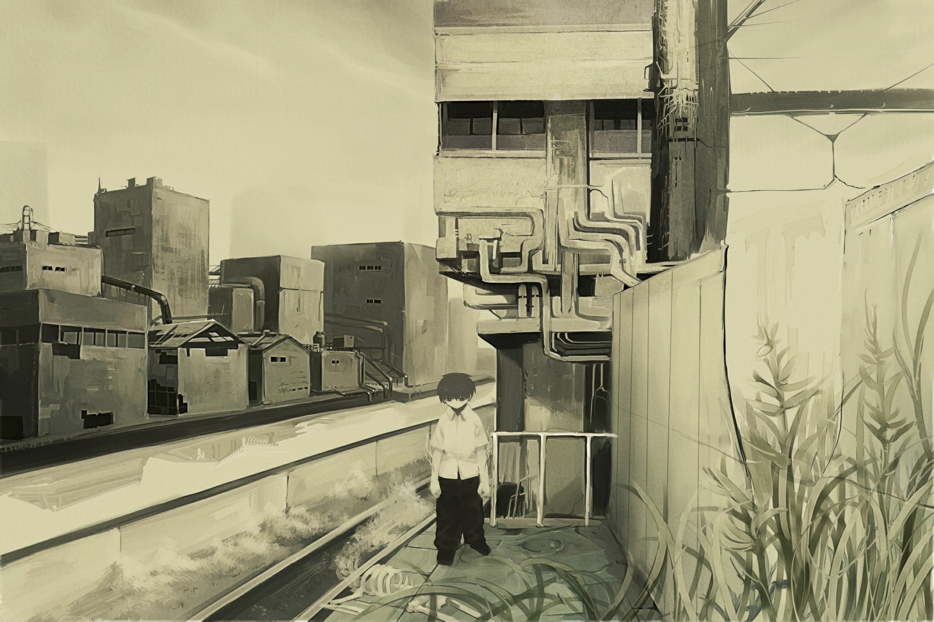 HD anime original desktop wallpaper depicting a solitary figure standing on a rooftop in a monochromatic urban setting with detailed pipes and buildings.