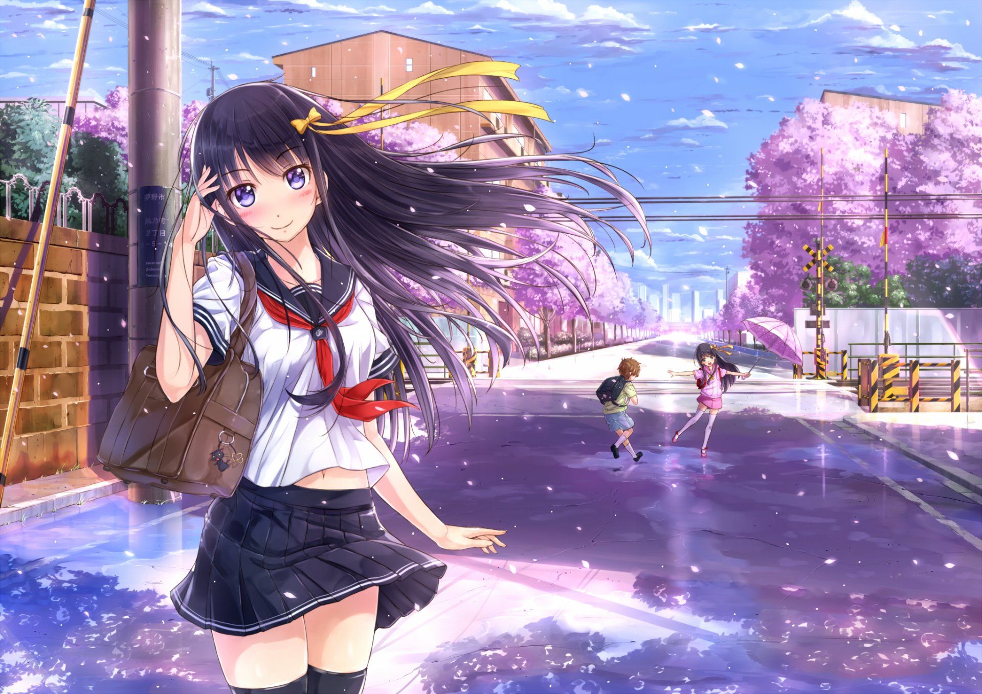 An anime-inspired HD desktop wallpaper featuring a young girl in a school uniform walking down a cherry blossom-lined street, with children playing in the background under a sunny sky.