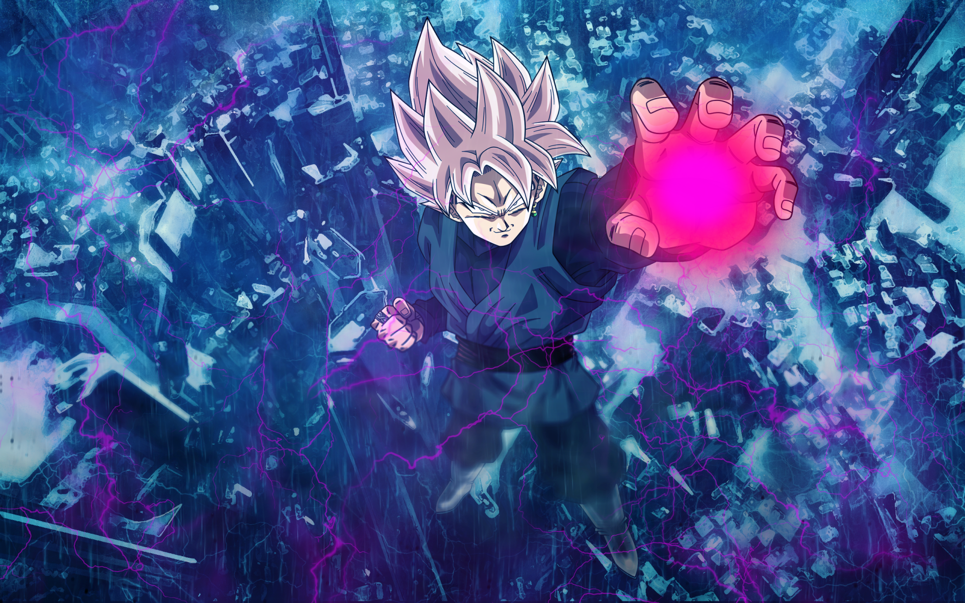 HD desktop wallpaper featuring Black Goku from Dragon Ball Super. The image shows him in mid-air with a glowing pink energy sphere in his hand, set against a dark, electrifying background.