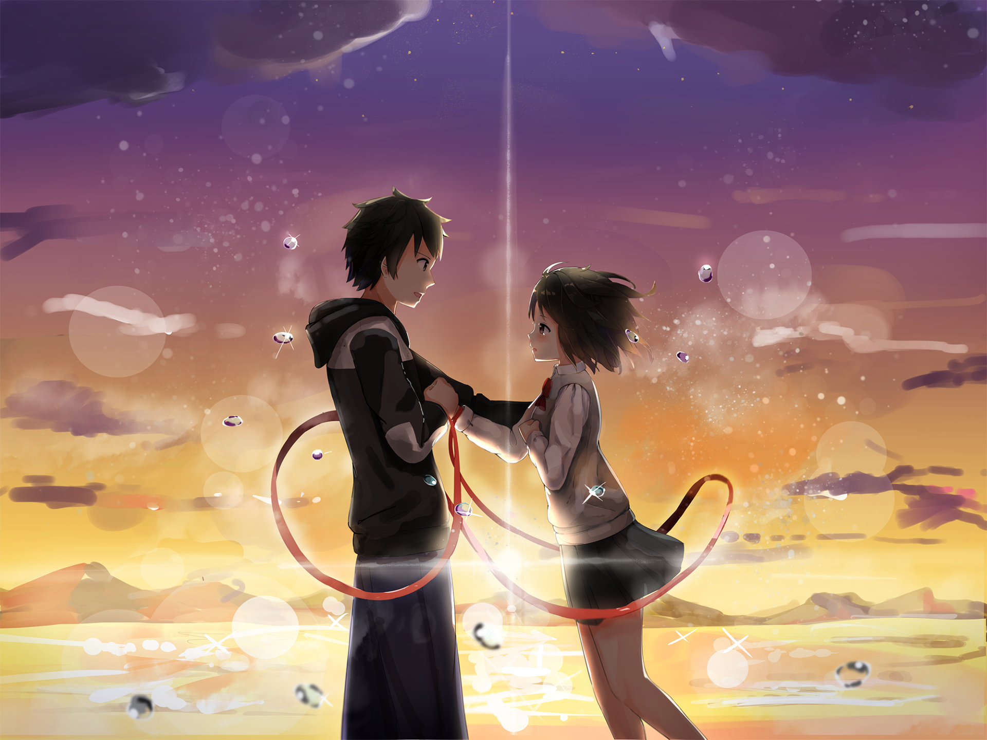 HD anime wallpaper featuring Taki Tachibana and Mitsuha Miyamizu from Your Name., standing close with a glowing red thread connecting them against a vibrant sunset sky.