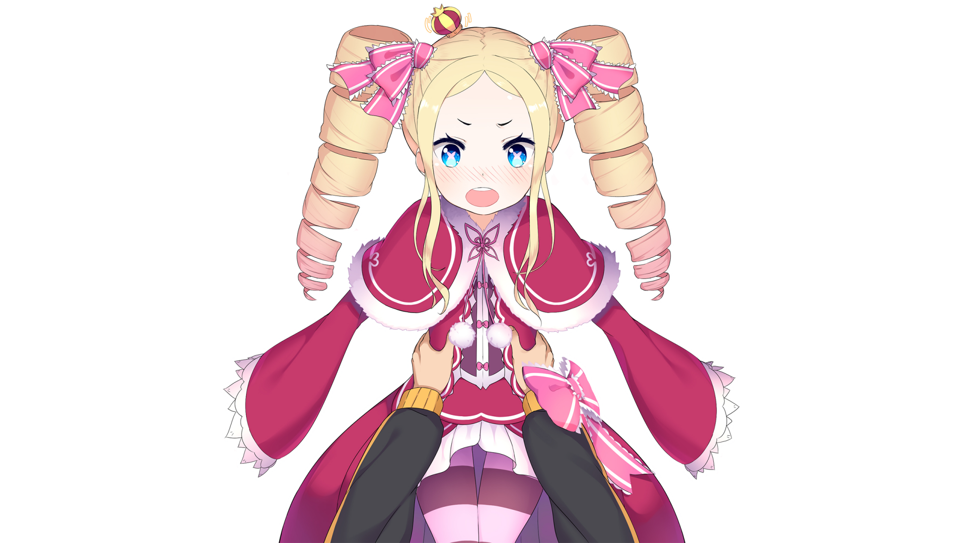 HD PC desktop wallpaper featuring Beatrice from the anime Re:Zero - Starting Life in Another World, showcasing her distinct pink and cream outfit and twin drills hairstyle.