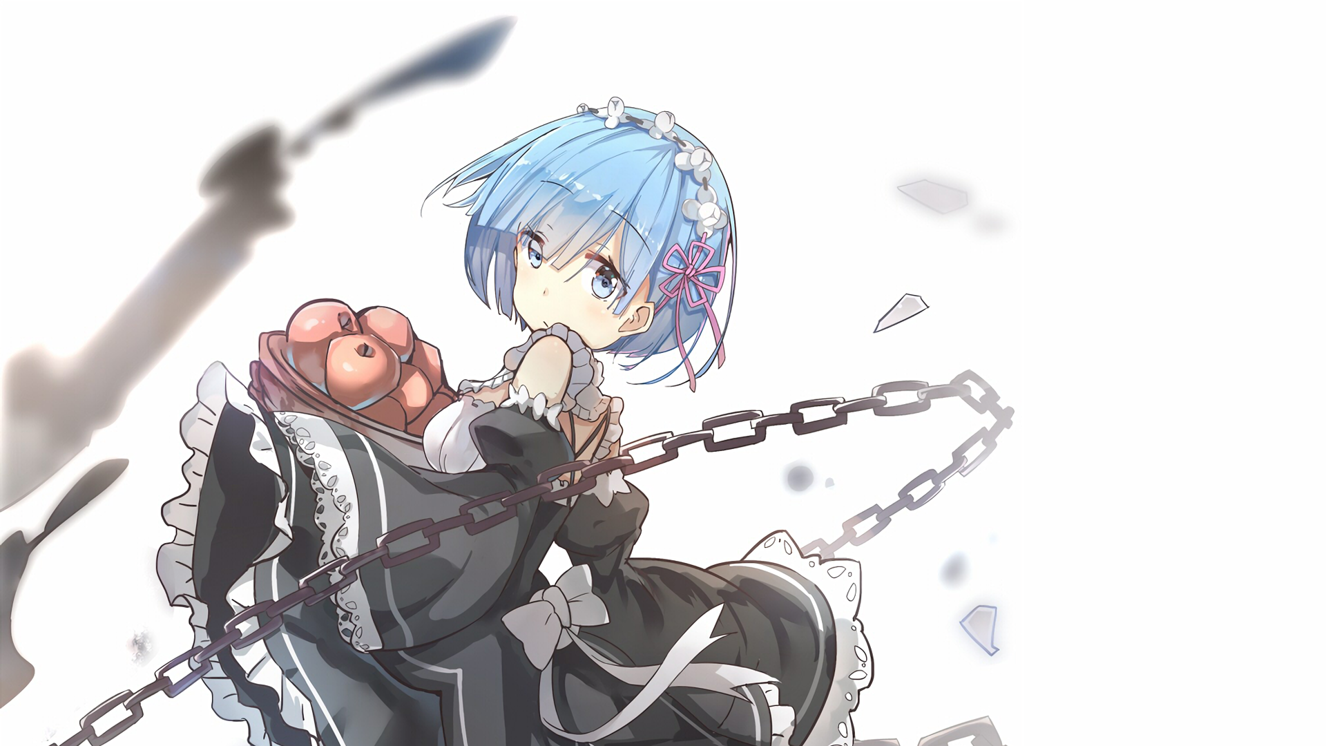 HD wallpaper featuring Rem from Re:ZERO - Starting Life in Another World, showcasing her iconic blue hair and maid outfit against a dynamic background.