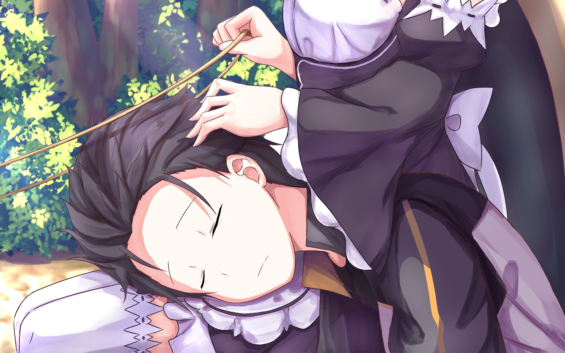 A serene HD desktop wallpaper featuring Rem and Subaru Natsuki from Re:Zero - Starting Life in Another World, set against a lush, tranquil background.
