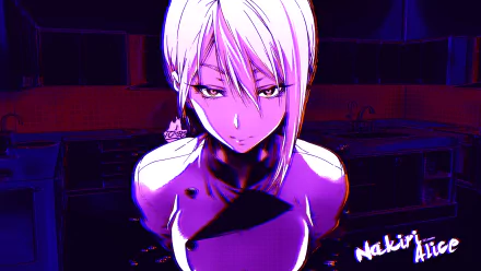 Alice Nakiri from Anime Food Wars: Shokugeki no Soma is depicted in a stylized, vibrant HD wallpaper, showcasing her culinary prowess and intense expression in a kitchen setting.
