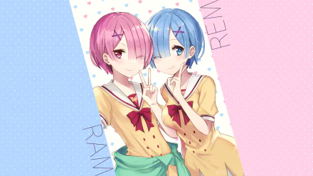 A vibrant HD wallpaper featuring Ram and Rem from *Re:Zero - Starting Life in Another World*, playfully posing in their school uniforms against a pastel background.