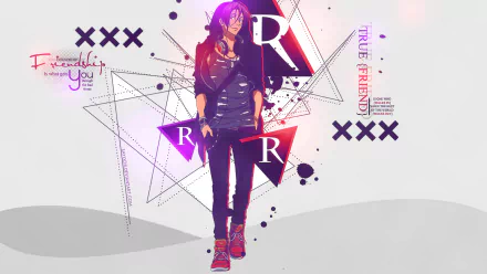 HD PC desktop wallpaper featuring Rin Matsuoka from the anime Free! with a stylish, geometric design and vibrant purple and red accents.