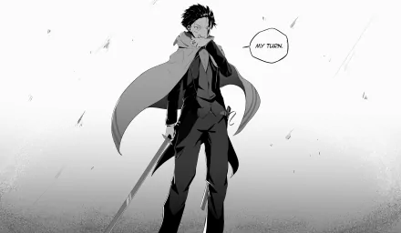 4K Ultra HD anime wallpaper featuring a monochrome illustration of a character from Re:Zero - Starting Life in Another World holding a sword with a determined expression.