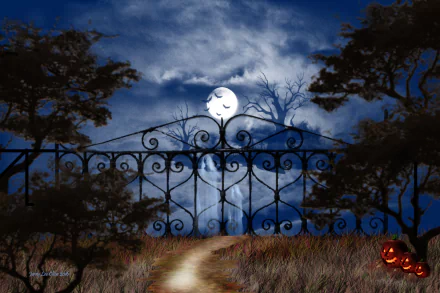 HD PC desktop wallpaper showing a spooky Halloween night with a glowing jack-o'-lantern, full moon, and ornate gate framed by silhouetted trees under a cloudy sky.