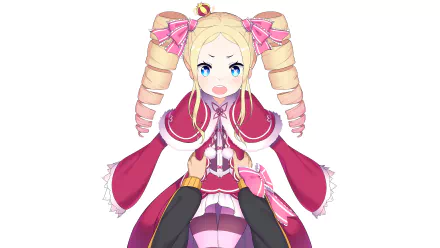 HD PC desktop wallpaper featuring Beatrice from the anime Re:Zero - Starting Life in Another World, showcasing her distinct pink and cream outfit and twin drills hairstyle.