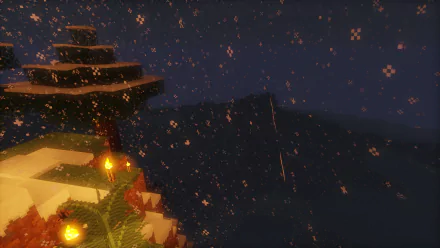 Minecraft snowy landscape at night with glowing torches, rendered in HD for a PC desktop wallpaper and background.