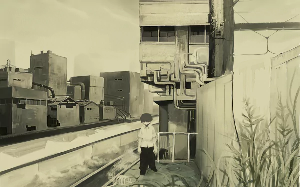 HD anime original desktop wallpaper depicting a solitary figure standing on a rooftop in a monochromatic urban setting with detailed pipes and buildings.