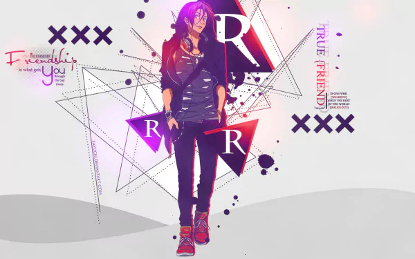 HD PC desktop wallpaper featuring Rin Matsuoka from the anime Free! with a stylish, geometric design and vibrant purple and red accents.