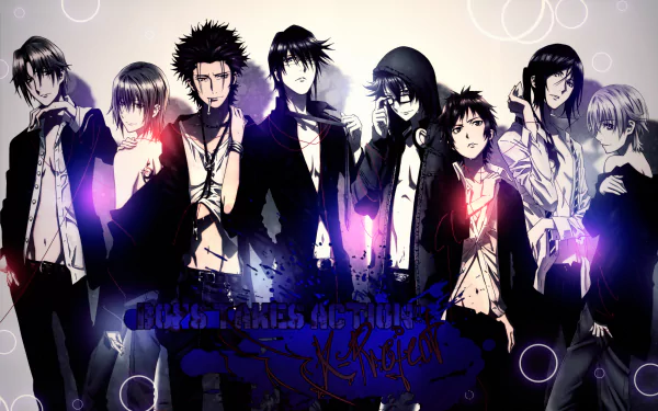 HD PC desktop wallpaper featuring a group of characters from the anime K Project, with dark tones and glowing purple accents.