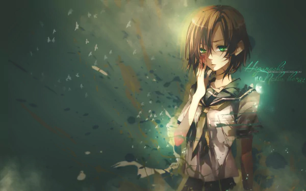 Anime wallpaper featuring Rena Ryūgū from Higurashi When They Cry, showcasing her with a thoughtful expression amid an ethereal, colorful background.