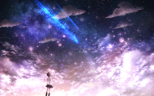 A breathtaking HD desktop wallpaper featuring Mitsuha Miyamizu from the anime Your Name, gazing at a mesmerizing, star-filled sky with a striking comet streaking across the horizon.