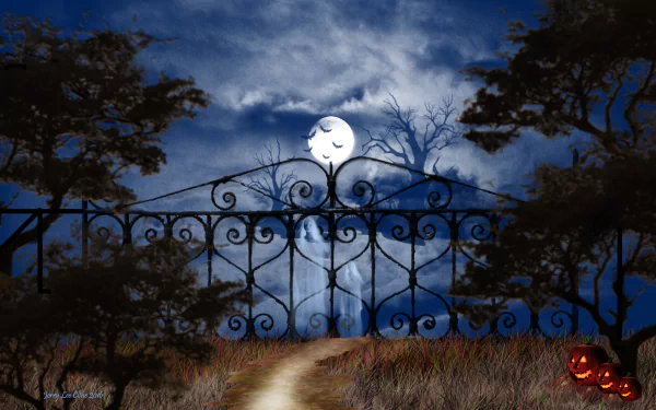 HD PC desktop wallpaper showing a spooky Halloween night with a glowing jack-o'-lantern, full moon, and ornate gate framed by silhouetted trees under a cloudy sky.
