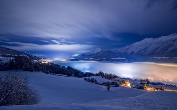 Photography Winter Earth Night Mountain House Blue Landscape HD Wallpaper | Background Image