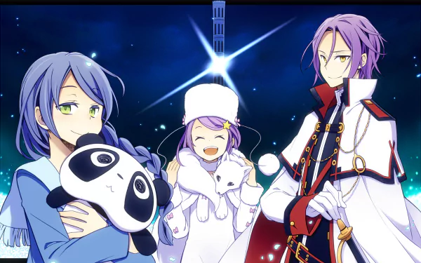 Three characters from *Re:Zero - Starting Life in Another World* stand against a starry background: Anastasia Hoshin holds a panda toy, while Julius Juukulius and a smiling girl complete the scene.