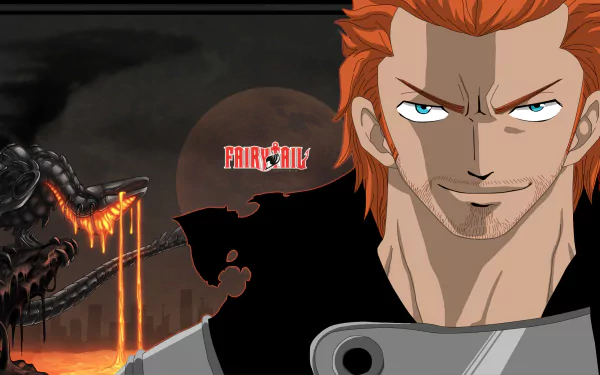 HD PC desktop wallpaper of Gildarts Clive (Fairy Tail) — smirking close-up in anime style with a molten dragon and dark moonlit background.