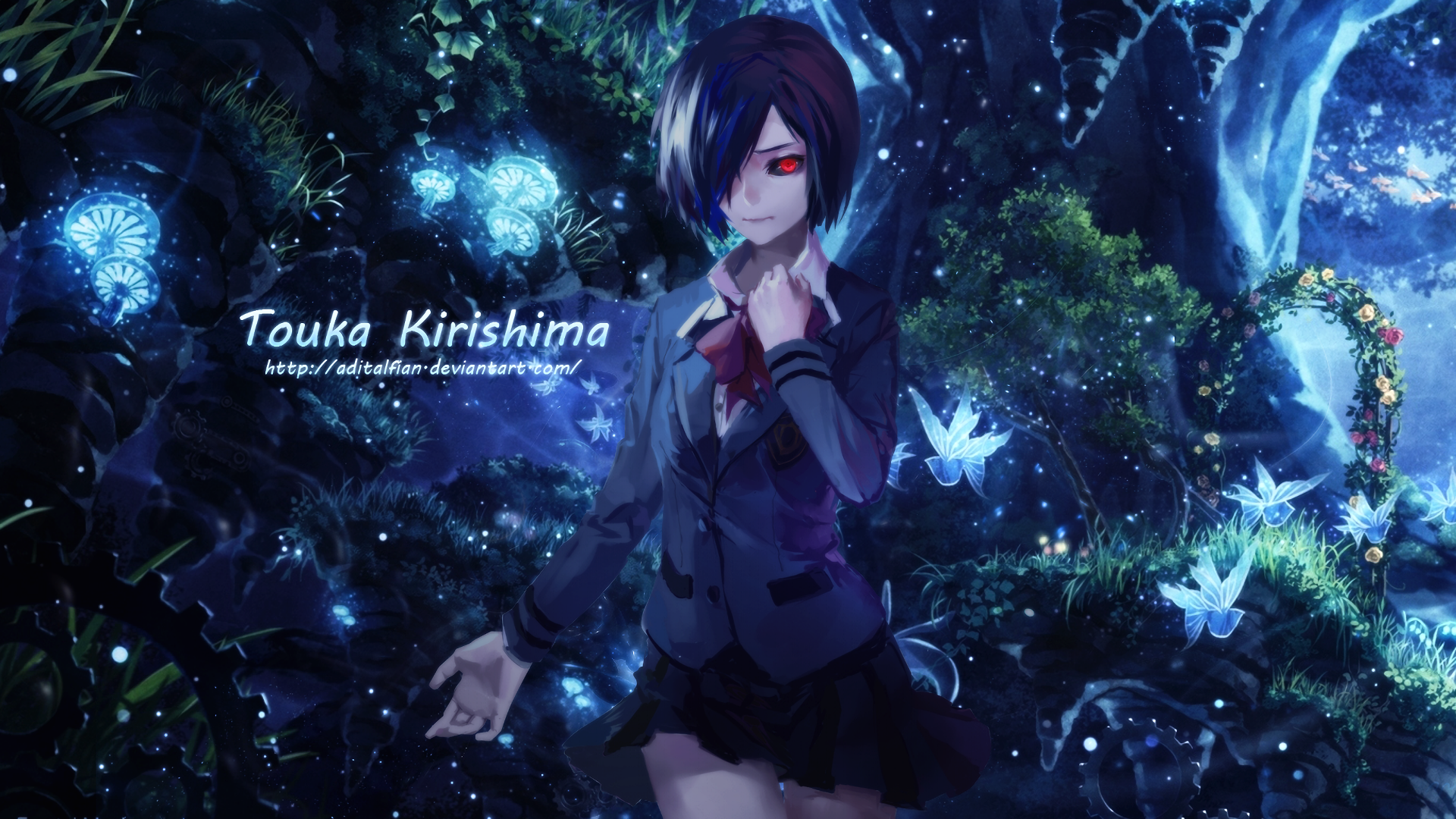A stunning HD wallpaper featuring Touka Kirishima from Tokyo Ghoul, set against a mystical backdrop filled with glowing flora and ethereal butterflies.