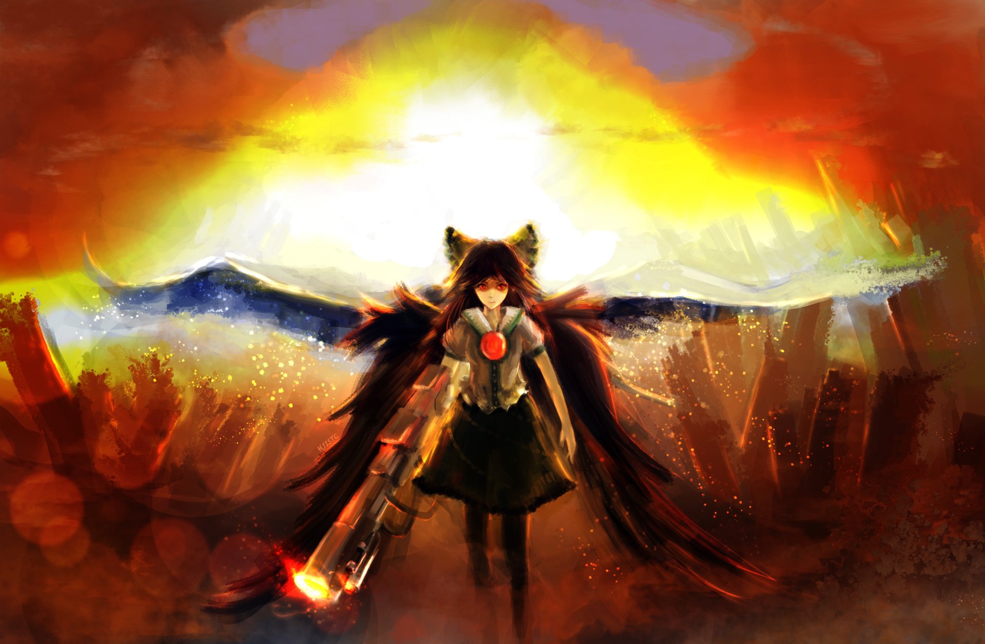 Download Weapon Wings Red Eyes Sunset Utsuho Reiuji Anime Touhou Anime Sunset 4k Ultra HD Wallpaper