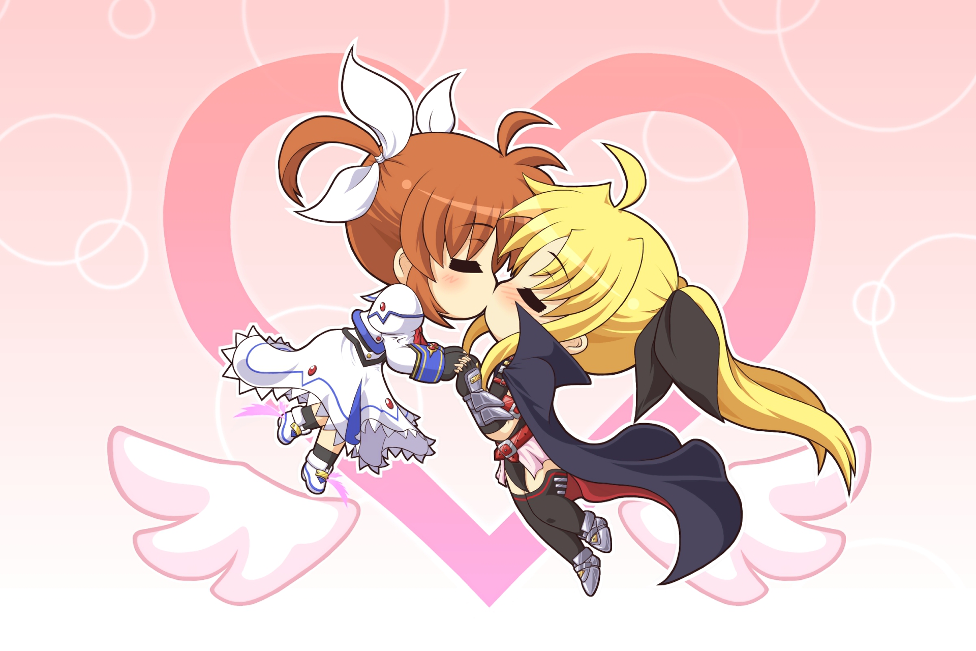 HD anime desktop wallpaper featuring chibi-style Magical Girl Lyrical Nanoha characters sharing a tender moment with a heart and wings background.