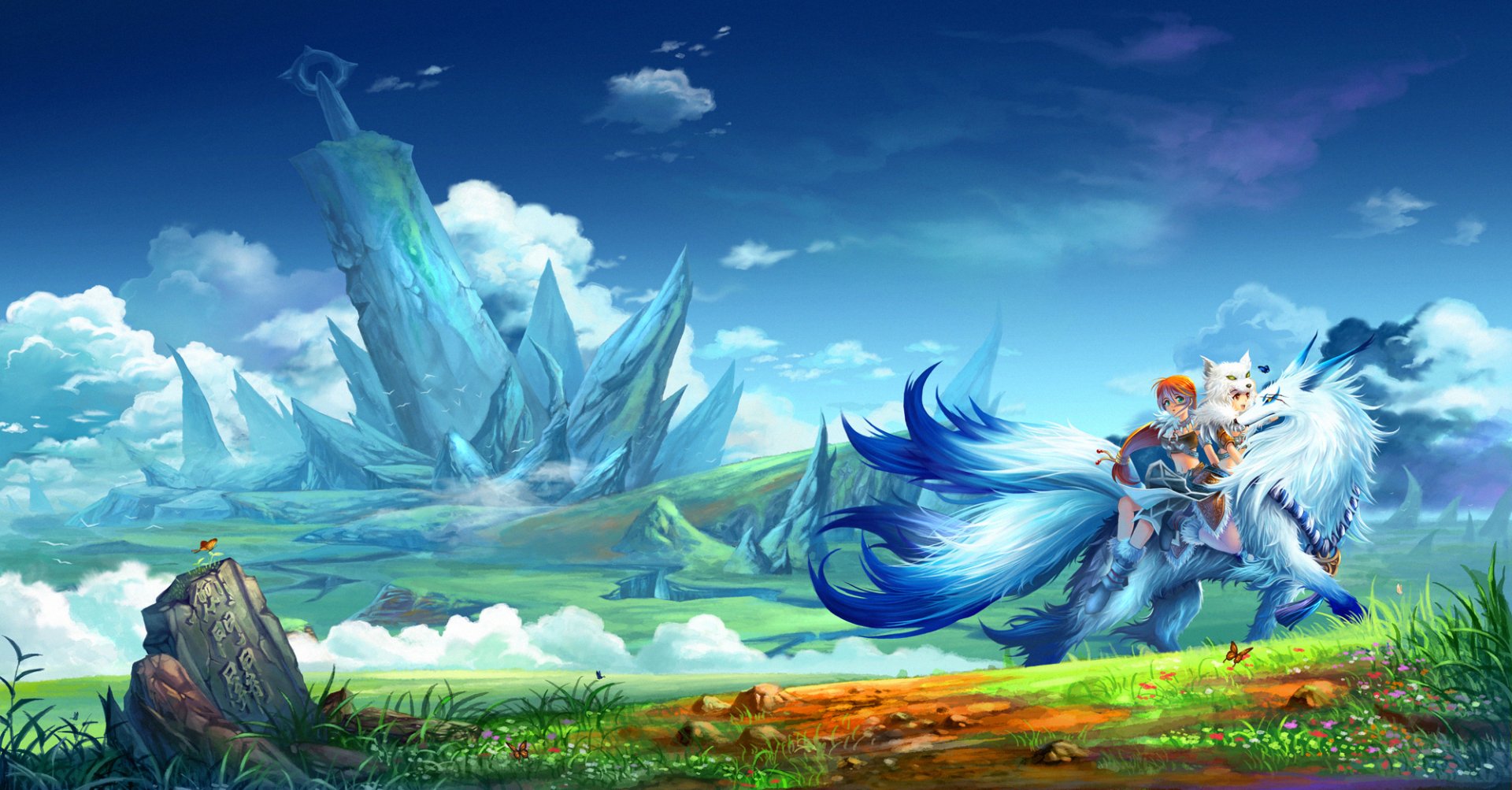 A vibrant anime scene showcasing a character riding a majestic blue wolf across a picturesque landscape with mountains and lush greenery, designed as a high-definition desktop wallpaper.