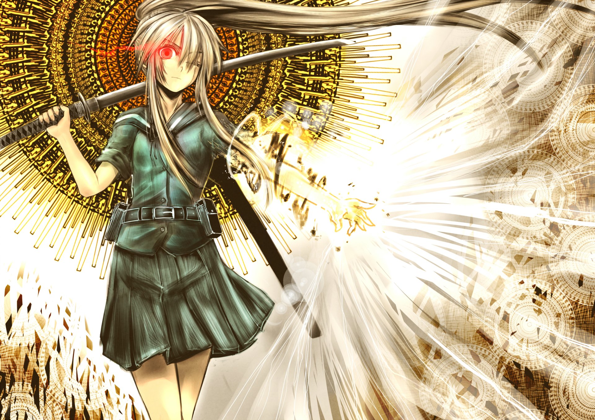 HD anime desktop wallpaper featuring an original character with silver hair and a glowing red eye, wielding a sword against a radiant, abstract golden background.