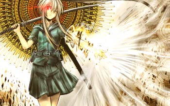 HD anime desktop wallpaper featuring an original character with silver hair and a glowing red eye, wielding a sword against a radiant, abstract golden background.