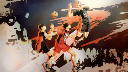 Dynamic HD anime wallpaper featuring characters from Haikyū!! in an intense volleyball scene, showcasing athleticism and teamwork against a vibrant backdrop.