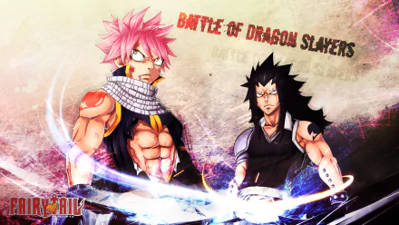 HD PC wallpaper featuring Fairy Tail's Dragon Slayers, Natsu Dragneel and Gajeel Redfox, ready for battle with fiery and electric energy effects.